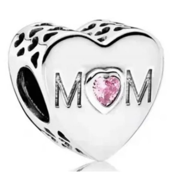 Heart MOM Bracelet Charm with Pink Stone - S925 Sterling Silver Fits Pandora - Picture 2 of 5